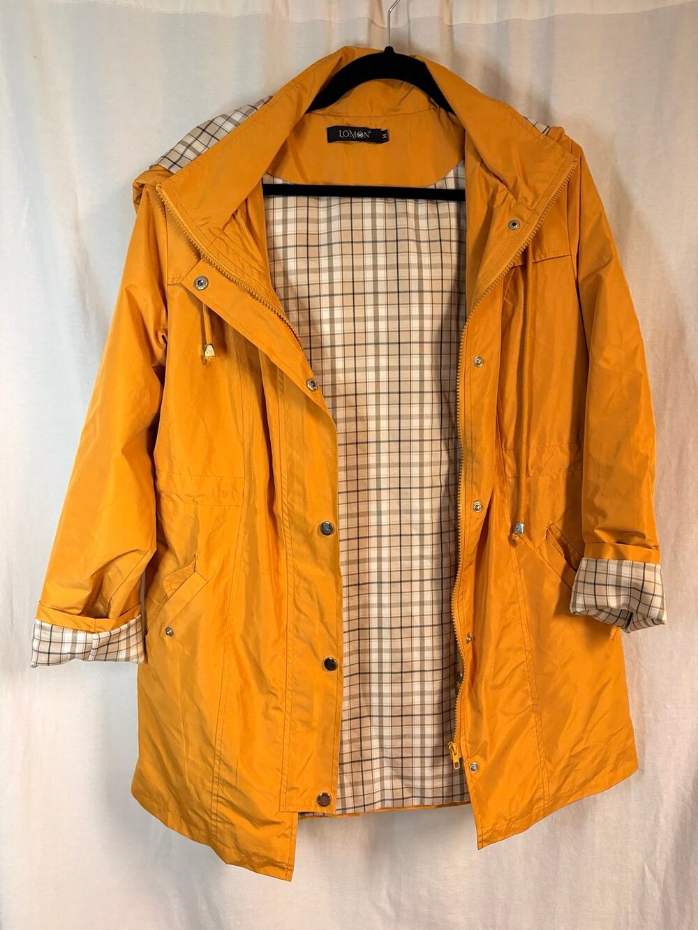 Lomon Mustard Yellow Hooded Rain Jacket Plaid Lined Women’s M